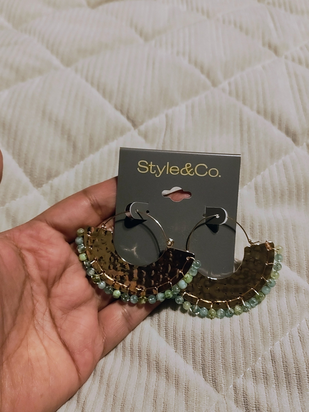 Style & Co. Gold Hammered Crescent Hoops with Pale Green Beads